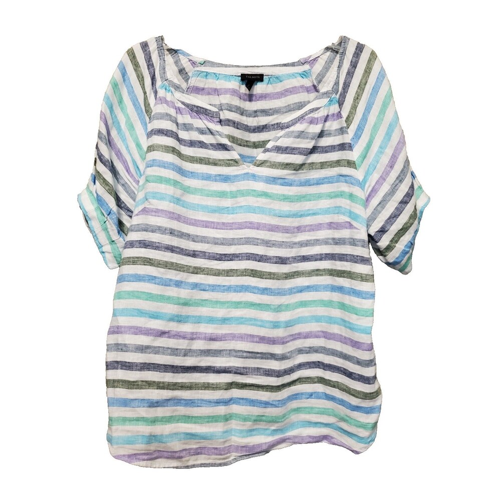 Talbots Linen Rockport Stripe Notch Neck Popover Blouse Size Large Beachy
